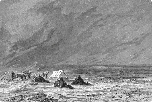 A violent simoom sandstorm sweeping across the Sahara Desert, engulfing a caravan in swirling clouds of dust under scorching winds, old vintage illustration, 1899