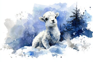 Watercolor illustration depicts a young, fluffy white animal resting in a snowy landscape with dark evergreen trees.