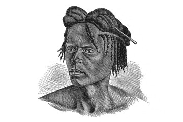 Close-up portrait of an Azande man's face with intricate tribal scarifications and traditional hairstyle, showcasing distinctive cultural markings, old vintage illustration, 1899