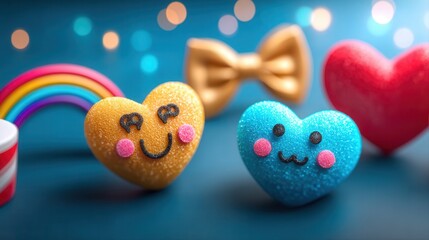 Colorful heart shaped candies with smiling faces on blue background