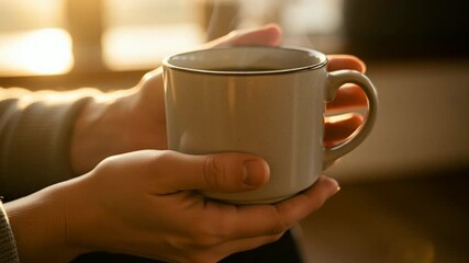 Close-up of hands holding a steaming coffee mug during sunset cozy morning scene