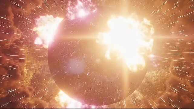 Cosmic Sphere Erupts With Fiery Energy Amidst Turbulent Clouds And Distant Light Streaks Creating A Dramatic And Intense SciFi Scene