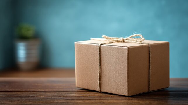 a box wrapped in brown paper with a string tied around it, placed on a table against a background wall, suggesting a gift or parcel ready for delivery