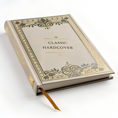 Elegant beige hardcover book with ornate gold foil detailing and a golden ribbon bookmark on a white background.