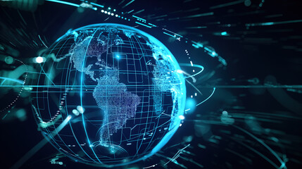 Digital Earth with Dotted Americas and Surrounding Data Stream, High-End Concept for Tech and Telecom