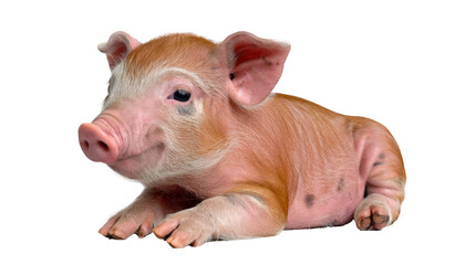 cute piglet lying down, isolated on white background.