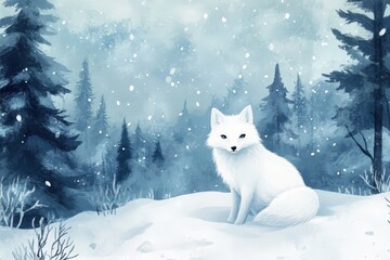 White arctic fox sits attentively in a snowy, dense forest landscape during snowfall