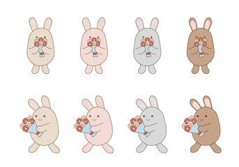 ゆるいシンプルうさぎの 花束 お祝い グレージュ くすみピンク 他4色セット アイコン 背景透過PNG