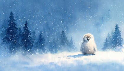 Fluffy baby penguin stands alone in a heavily snowing wintry forest landscape