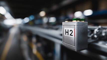 A sleek H2 fuel cell rests confidently on a futuristic assembly line, hinting at a sustainable power source and marking a pivotal moment in industrial innovation. 
