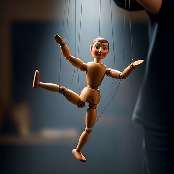 A classic wooden marionette with visible strings, posed in a dramatic dance moveme