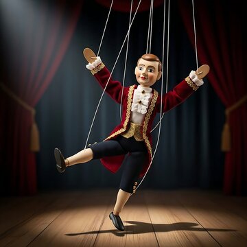 Whimsical Pinocchio marionette puppet standing on a stage under bright spotlights