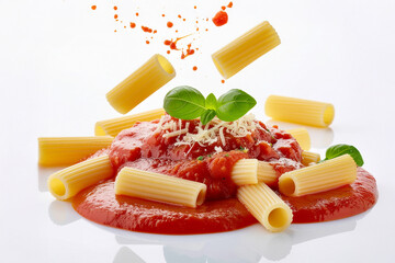 the rigatoni falling into the sauce