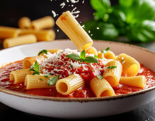  the rigatoni falling into the sauce