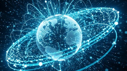 blue globe with lines and dots on dark background