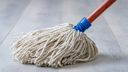dirty mop with white string and handle partially visible, lying across a wooden floor with blue cloth underneath. the mop is frayed and appears used