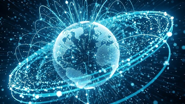 blue globe with lines and dots on dark background - Powered by Adobe