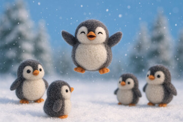 Happy Cute Fluffy Penguins Playing
