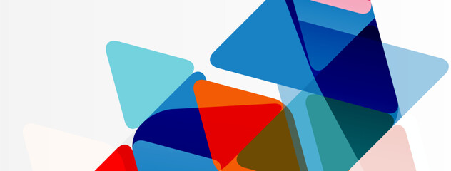 Abstract geometric shapes overlap, creating vibrant color blends. Blue, red, orange hues dominate composition. Minimalist design.