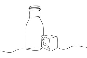 Obraz premium A single, continuous line depicts a glass milk bottle and a block of cheese. Single line art design Editable stroke.