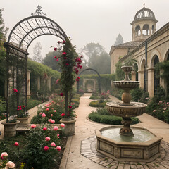 A beautiful rose garden with a stone fountain and arched trellises leading to a classical building with a dome on a misty day.