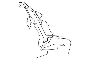 A single, continuous line depicts a woman sitting in a chair, stretching after hard work. Single line art design Editable stroke.