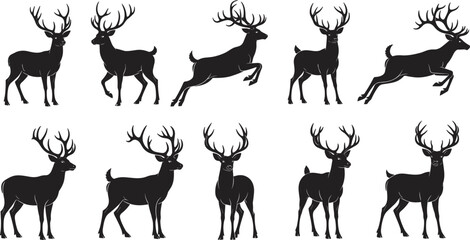 Black silhouette Christmas icons set isolated on white background, festive holiday symbols with Santa Claus, reindeer, snowman, gingerbread man, snowflake, gift, bells.