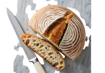 A freshly baked artisan sourdough bread, sliced in half with a knife, showcasing its crusty exterior and airy crumb, perfect for a bakery or food blog isolated on transparent background