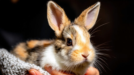 Naklejka premium Adorable bunny muzzle on child's lap in close-up macro shot for easter or spring celebration