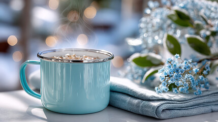 Hot milk in a stylish enamel mug with delicate rim, perfect for winter warmth and comfort