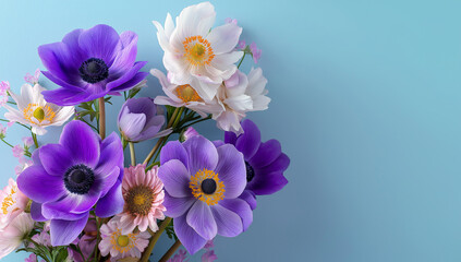 Purple and White Anemone Flowers Bouquet on Soft Light Blue Pastel Background for Spring Floral Design and Decoration
