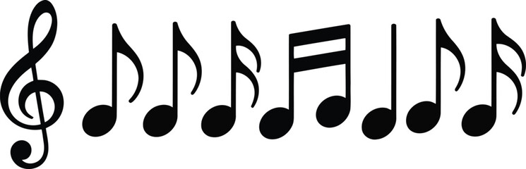 A comprehensive series of black musical notes including a treble clef arranged neatly on a pure white canvas