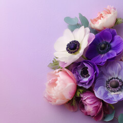 Elegant Bouquet of Purple and Pink Anemones and Peonies on Soft Pastel Lavender Background for Spring Floral Design

