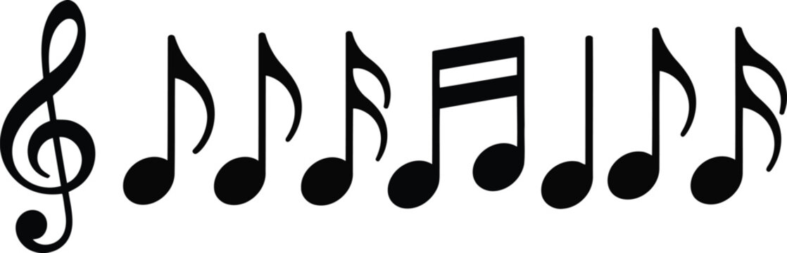 A comprehensive series of black musical notes including a treble clef arranged neatly on a pure white canvas