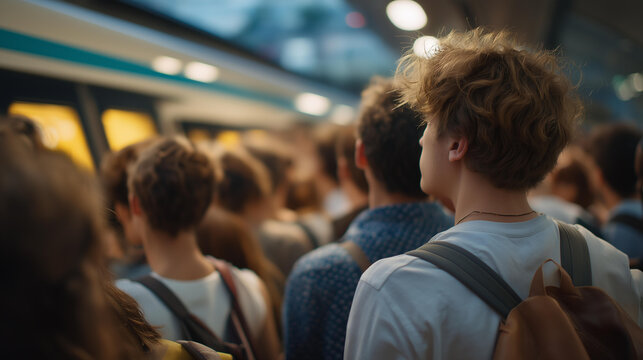 A crowded subway platform during rush hour with commuters packed shoulder to shoulder, overhead lights flickering as a train screeches into the station &mdash; intense urban mobility, daily commute