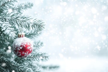 snowy winter scene with a festive christmas tree and ornaments against a soft white background evergreen tree festive atmosphere holiday decor