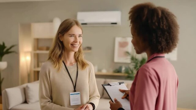 Smiling female technician or air conditioning service specialist communicates with a client in the living room