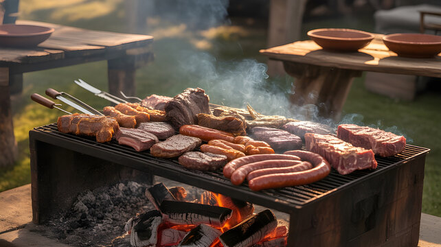 Argentinian asado barbecue with grilled meats, smoky fire pit, rustic outdoor setting
