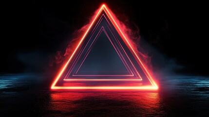A set of futuristic 3D wallpapers featuring glowing neon triangles in dark, smoky environments. Perfect for cyberpunk themes, music events, and abstract digital art.