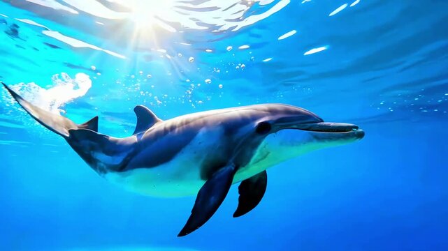 Majestic bottlenose dolphin swims gracefully beneath the sunlit ocean surface in vibrant tropical blue waters creating a serene aquatic scene