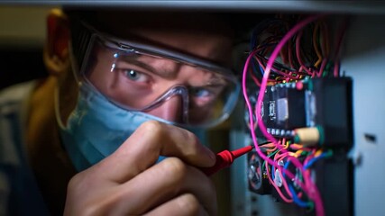 Close-up of Technician in Mask and Goggles Working on Electronic Circuit Board
