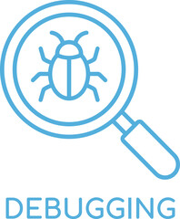 Debugging icon, blue line art vector illustration of a magnifying glass finding a bug, software error concept, isolated on white background, tech symbol.