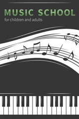 Music school poster. Banner with piano keys and sheet music with space for text. Vector illustration for music events.