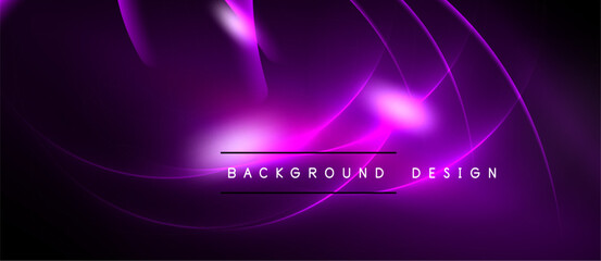 Abstract purple waves, glowing lines create dynamic background. Modern design with dark space, bright center focus.