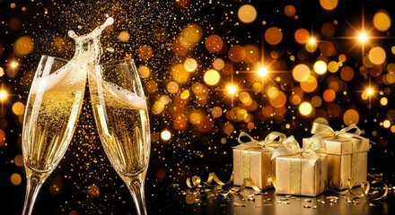 Two crystal champagne flutes clinking together with a splash against a golden sparkling background.