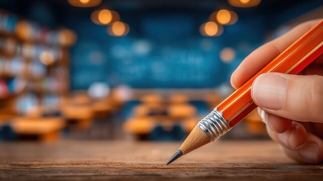 Hand holding pencil in classroom setting for education