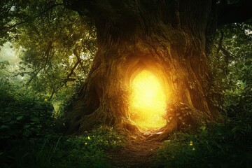 Luminous portal in ancient forest tree