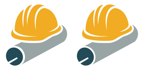 Yellow construction hard hat and architectural blueprints icon for building project engineering and site safety management professional services