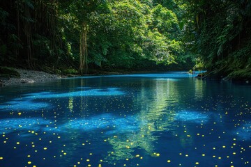 Enchanted river scene aglow with fireflies