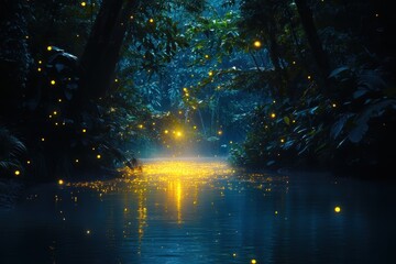 Enchanted river scene aglow with fireflies